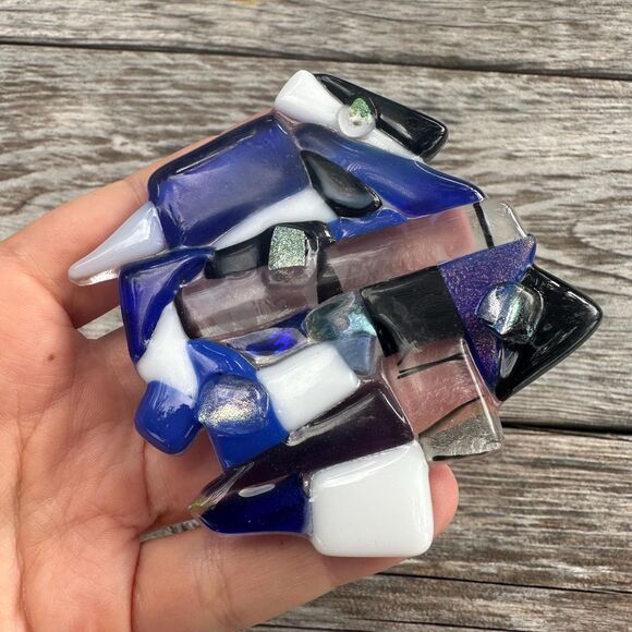 Vintage Jewelry Artisan Handcrafted Glass Mosaic Brooch Huge Chunky Blue Glass - Picture 2 of 4